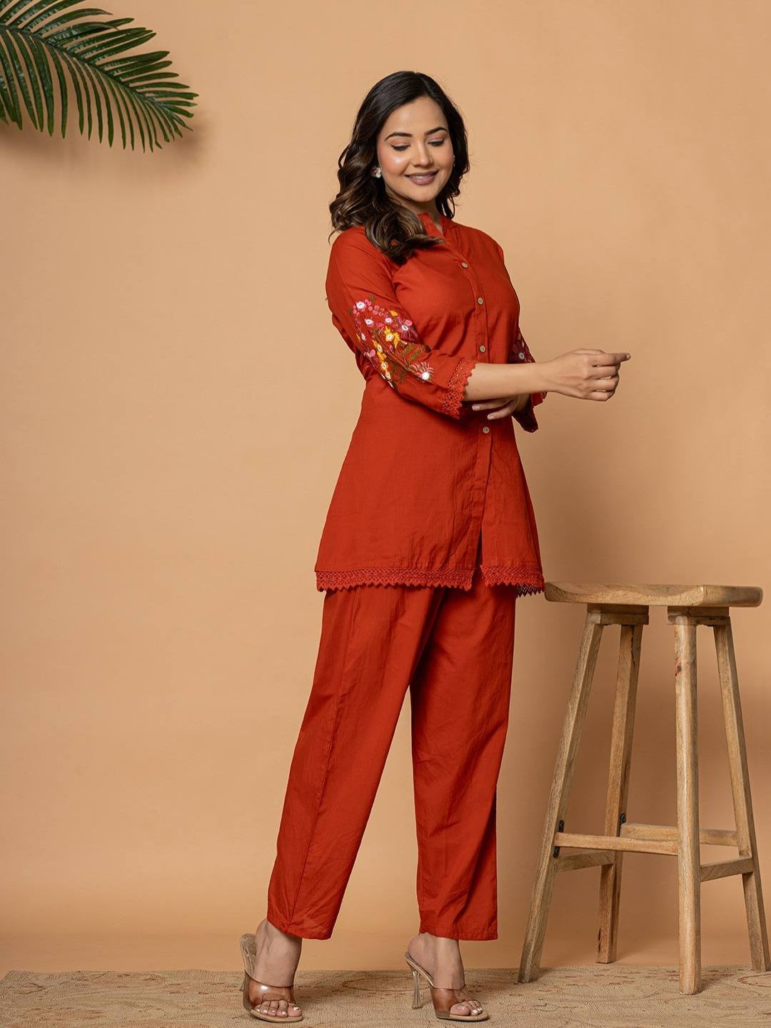 Rust Pure Cotton Kurta Pant Set with Floral Embroidery