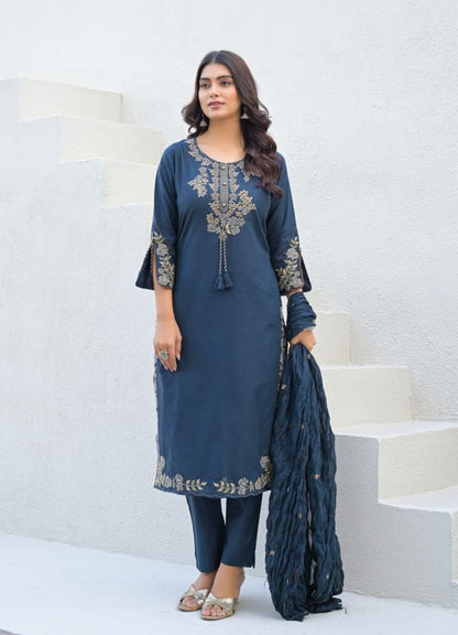 Navy Blue Cotton Suit Set with Embroidered Floral Motifs