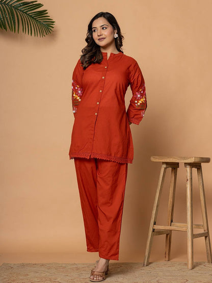 Rust Pure Cotton Kurta Pant Set with Floral Embroidery