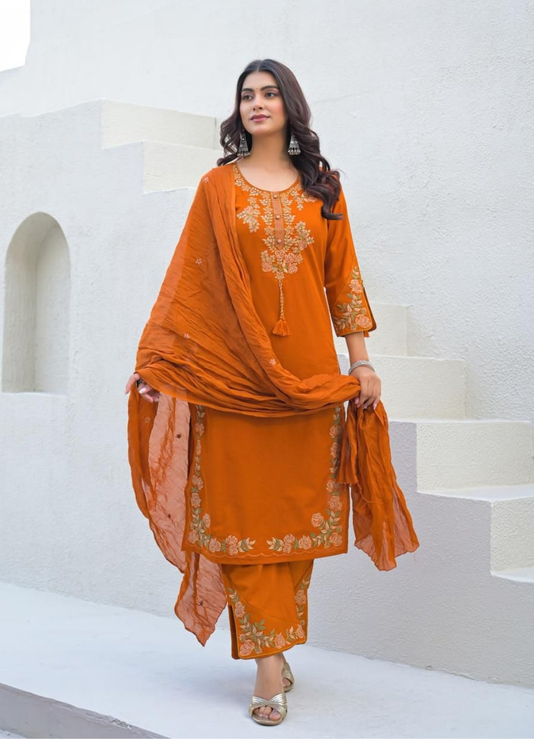 Rust Orange Cotton Suit Set with Embroidered Floral Motifs