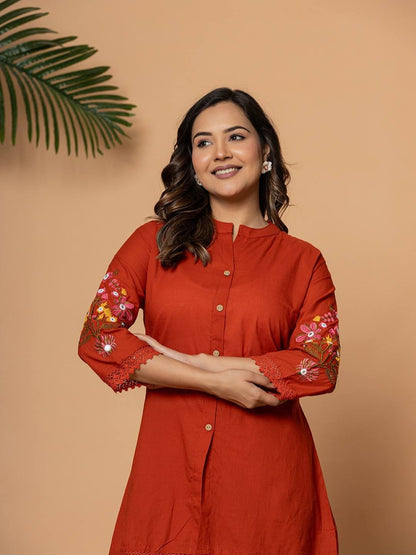 Rust Pure Cotton Kurta Pant Set with Floral Embroidery