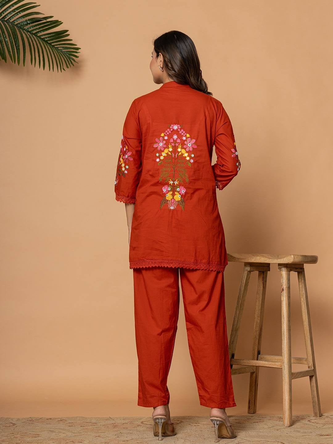 Rust Pure Cotton Kurta Pant Set with Floral Embroidery