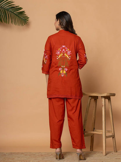 Rust Pure Cotton Kurta Pant Set with Floral Embroidery