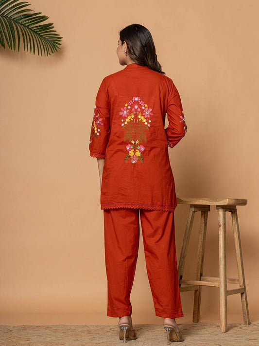 Rust Pure Cotton Kurta Pant Set with Floral Embroidery