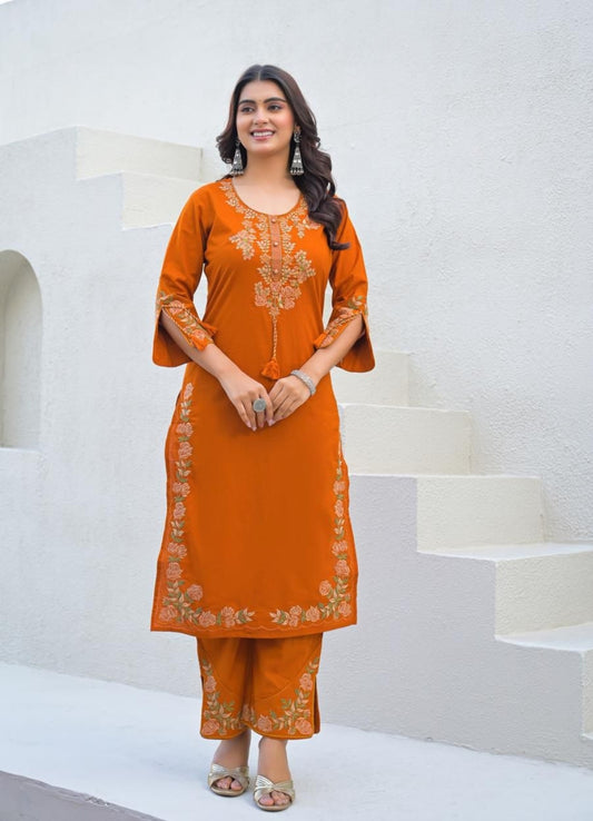 Rust Orange Cotton Suit Set with Embroidered Floral Motifs
