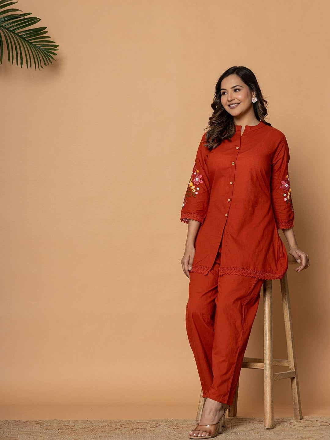 Rust Pure Cotton Kurta Pant Set with Floral Embroidery