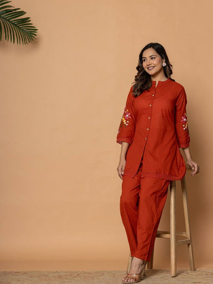 Rust Pure Cotton Kurta Pant Set with Floral Embroidery