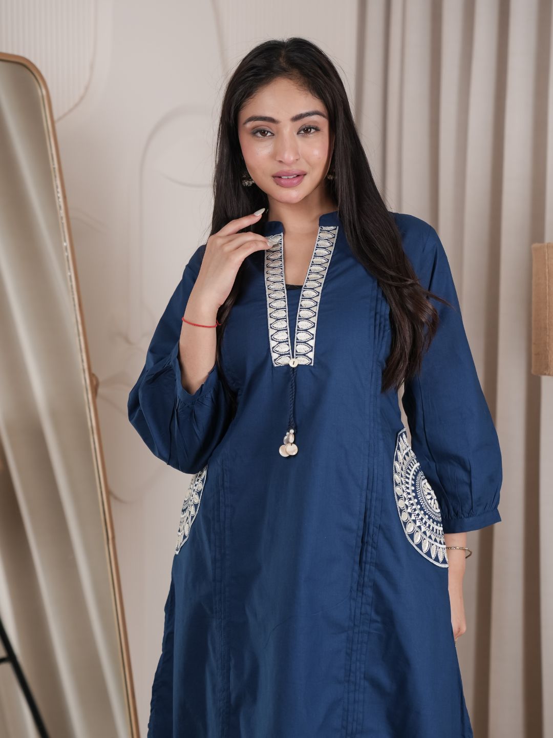Navy Blue Dabu Cotton A-Line Kurta Set with Handcrafted Embroidery