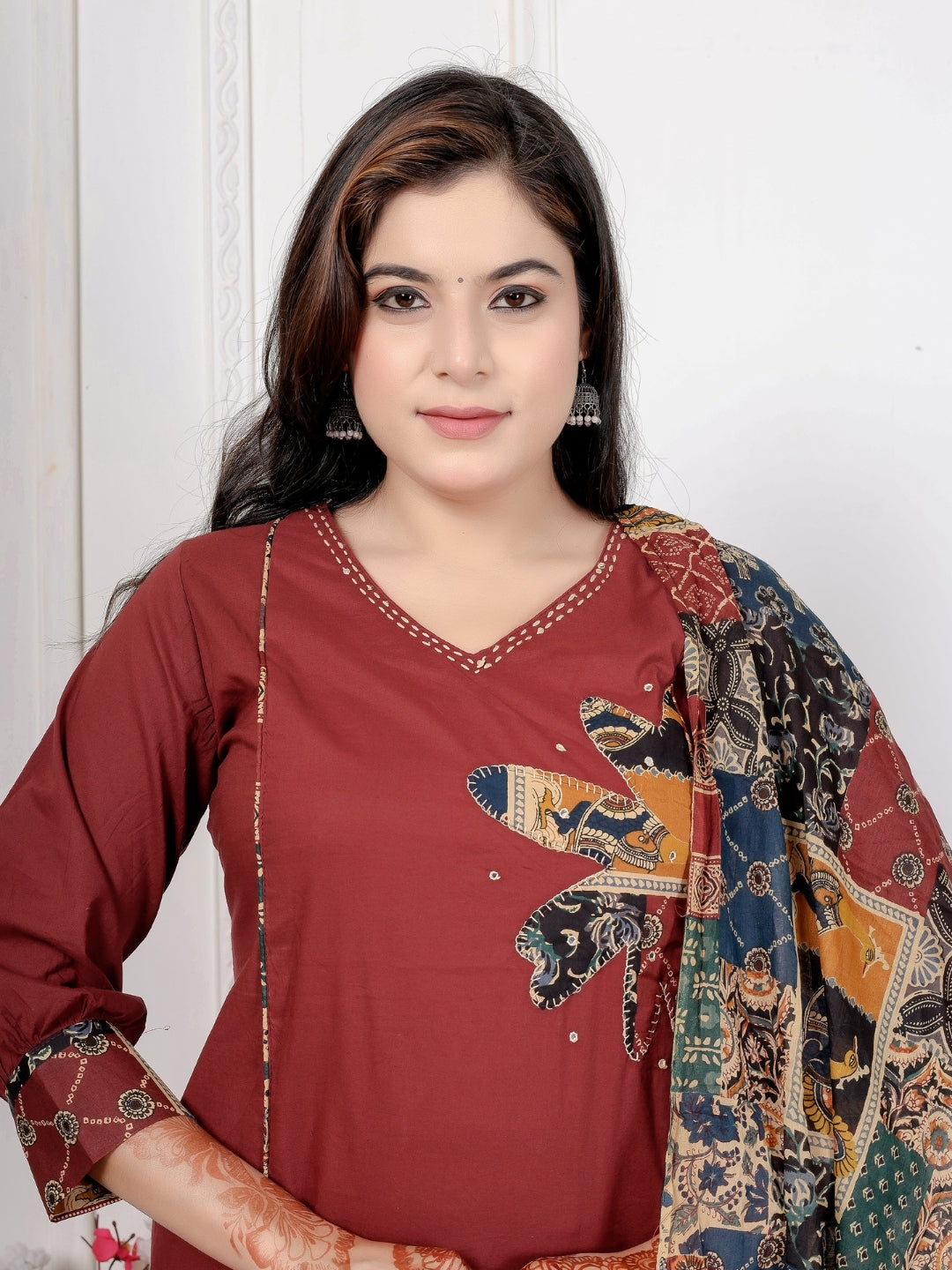 Maroon Cotton Kurta Set with Patch Handwork and Printed Dupatta – Ethnic Wear