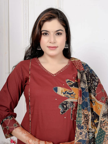 Maroon Cotton Kurta Set with Patch Handwork and Printed Dupatta – Ethnic Wear