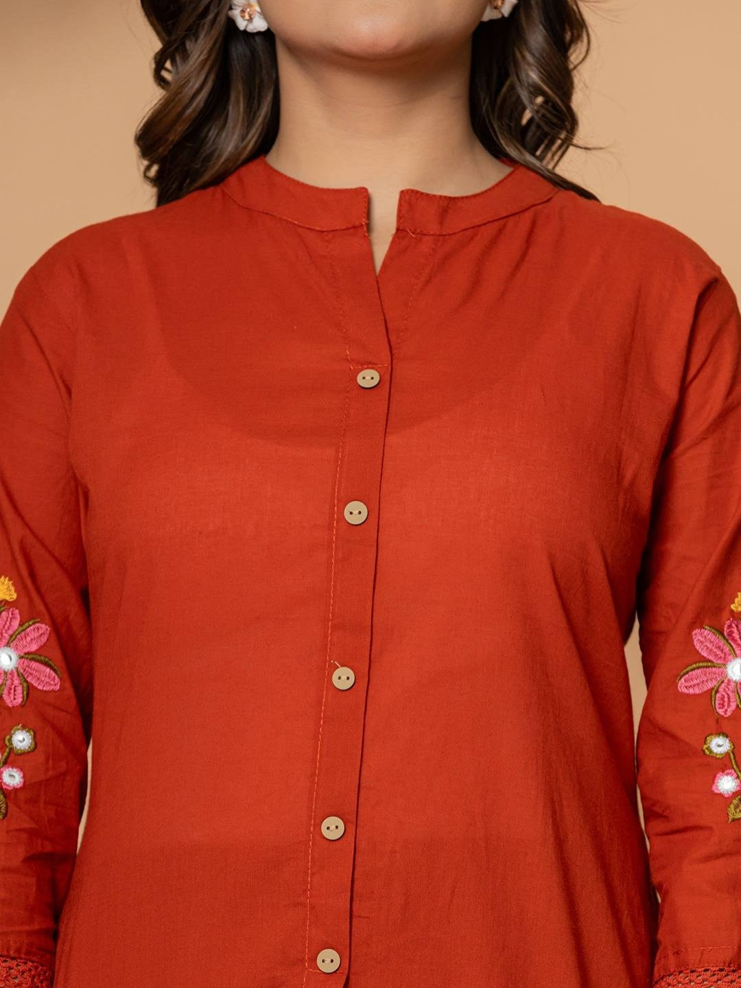 Rust Pure Cotton Kurta Pant Set with Floral Embroidery