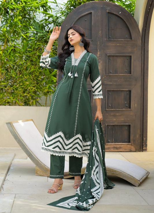 Olive Green Cotton Suit Set with Ethnic Print with Lace & Tassel Detailing