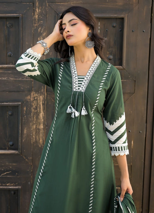 Olive Green Cotton Suit Set with Ethnic Print with Lace & Tassel Detailing