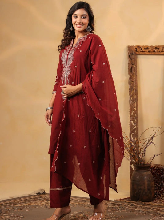 Maroon Pure Cotton Embroidered Kurta Set with Farsi Salwar
