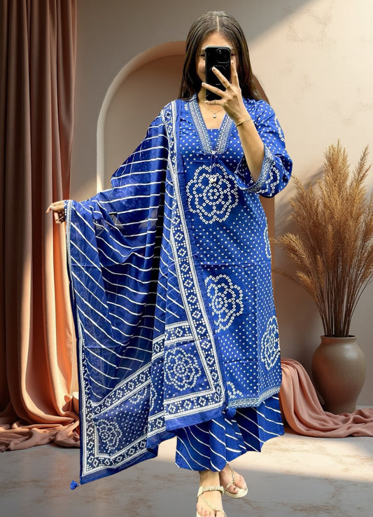 Royal Blue Cotton Bandhej Suit Set with Printed Dupatta – Ethnic Wear