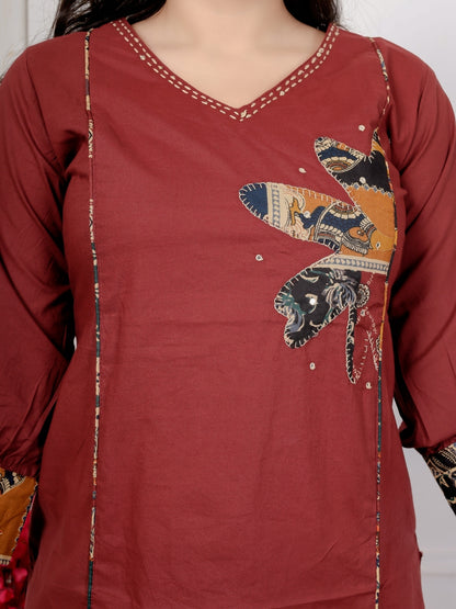 Maroon Cotton Kurta Set with Patch Handwork and Printed Dupatta – Ethnic Wear