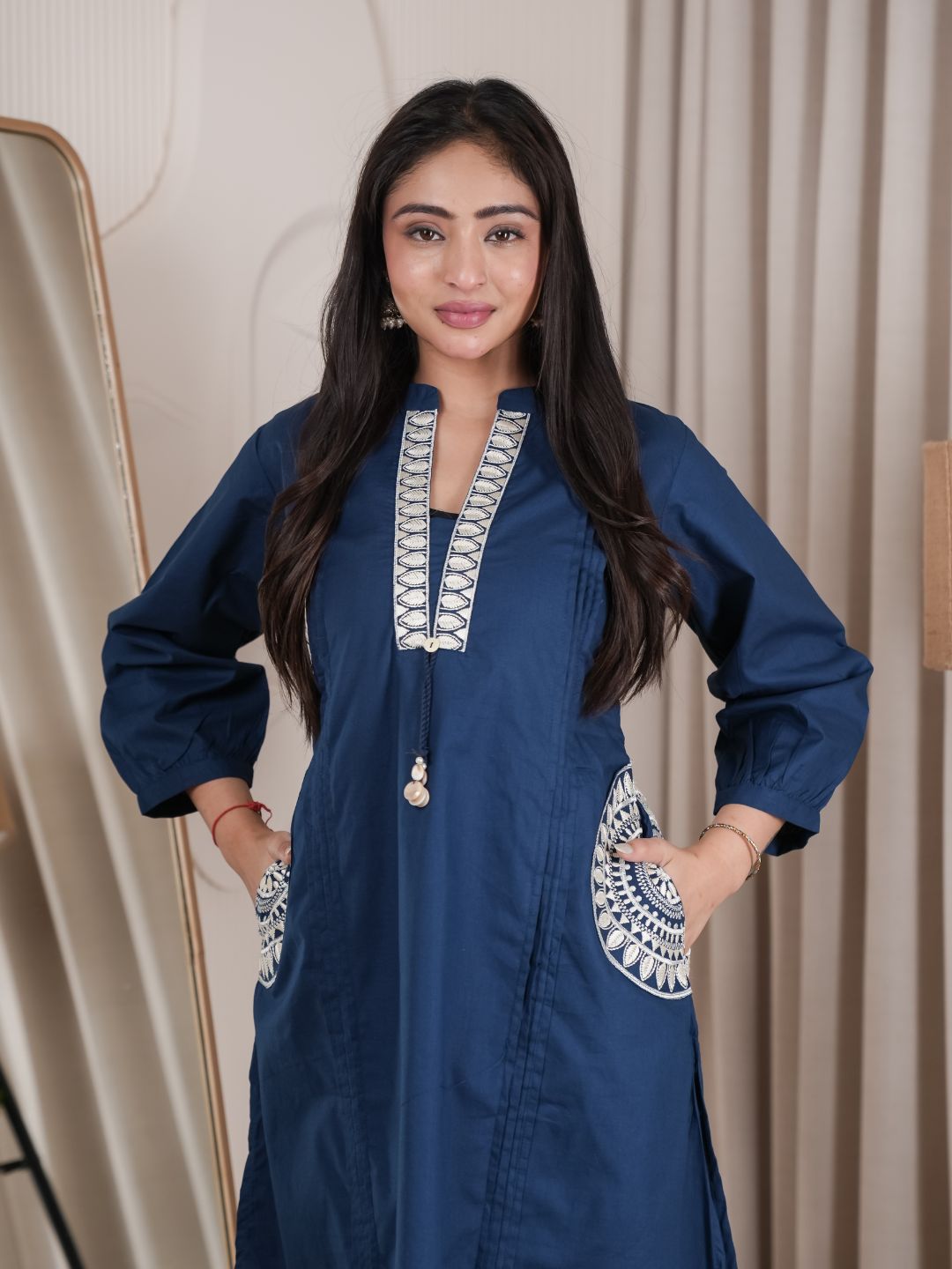 Navy Blue Dabu Cotton A-Line Kurta Set with Handcrafted Embroidery