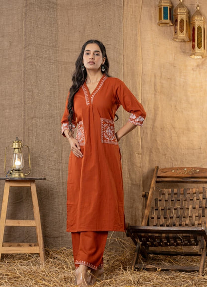 Rust Orange Cotton Slub Kurta Set with Pockets