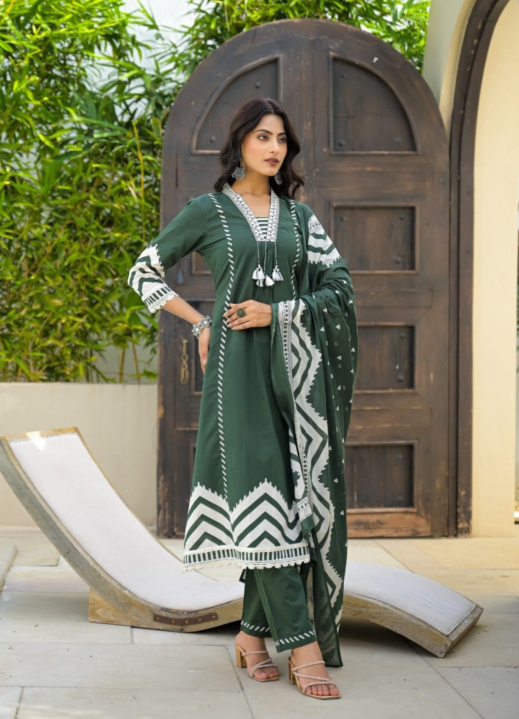 Olive Green Cotton Suit Set with Ethnic Print with Lace & Tassel Detailing