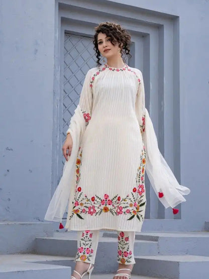 Elegant White Floral Embroidered Cotton Kurta Set with Net Dupatta