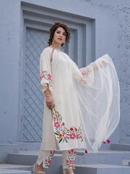 Elegant White Floral Embroidered Cotton Kurta Set with Net Dupatta