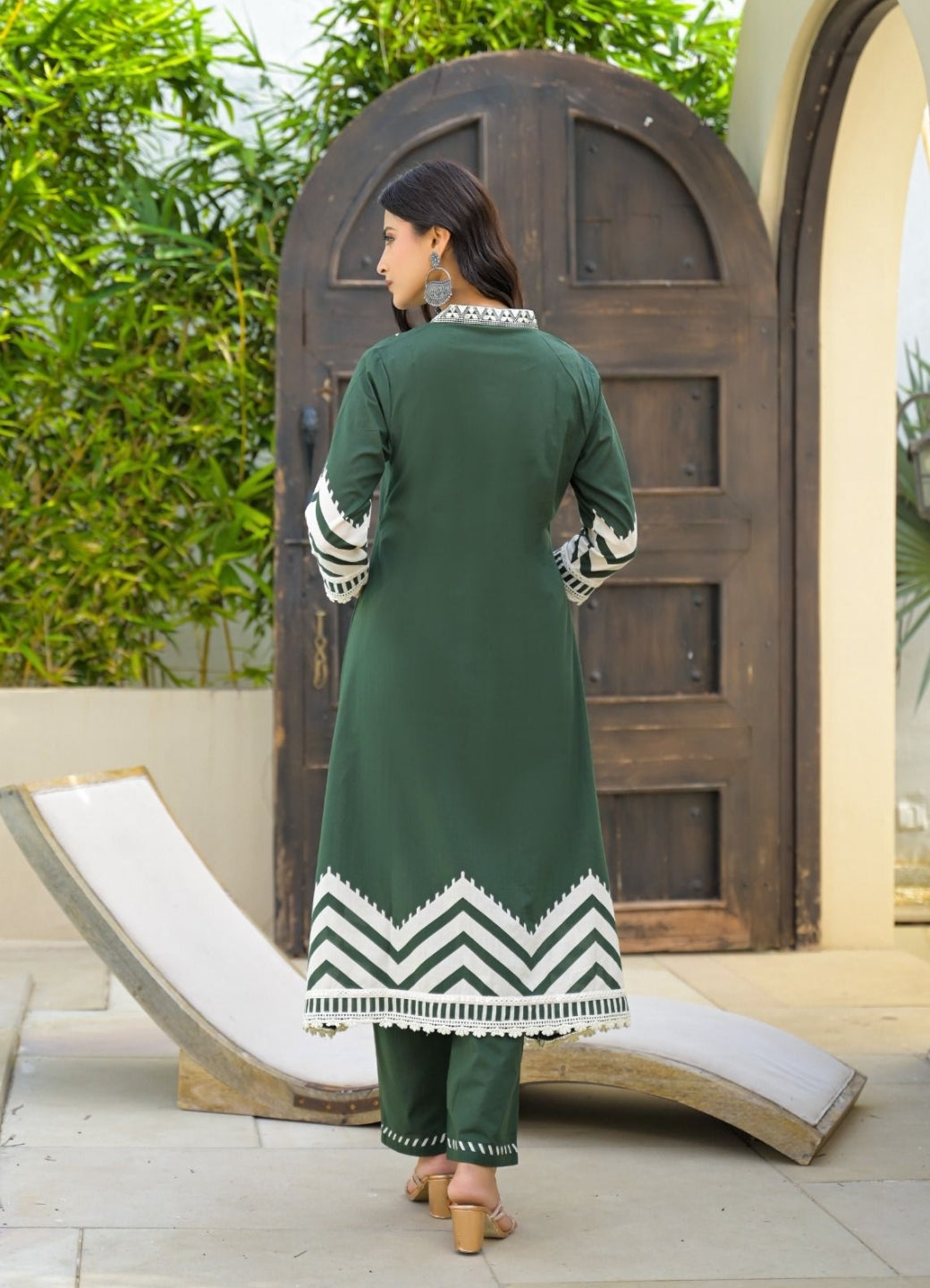 Olive Green Cotton Suit Set with Ethnic Print with Lace & Tassel Detailing