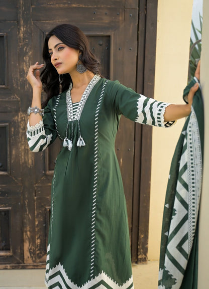 Olive Green Cotton Suit Set with Ethnic Print with Lace & Tassel Detailing