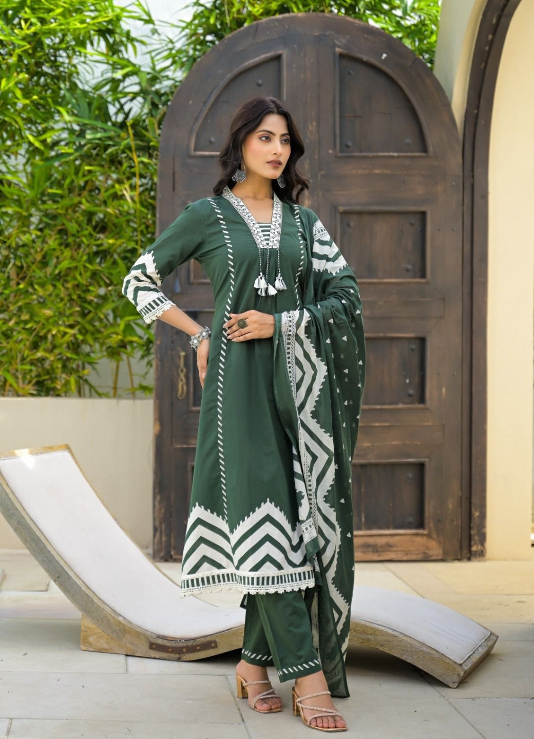 Olive Green Cotton Suit Set with Ethnic Print with Lace & Tassel Detailing