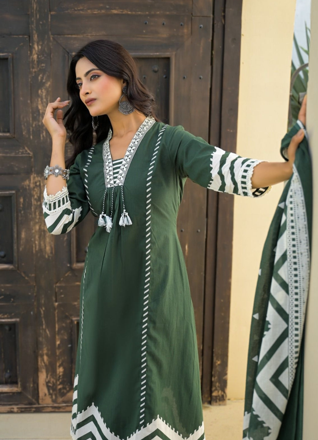 Olive Green Cotton Suit Set with Ethnic Print with Lace & Tassel Detailing