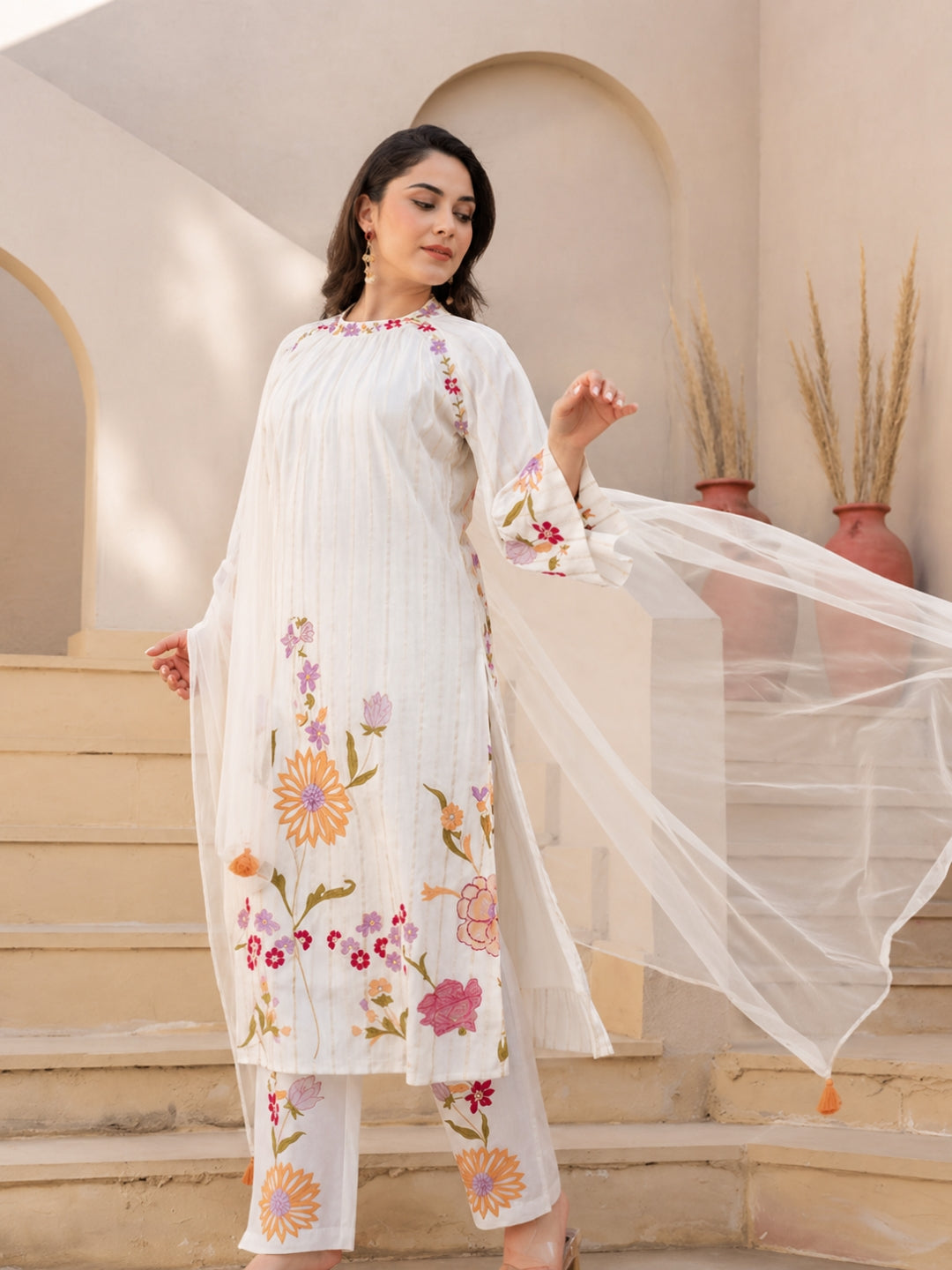 White Floral Embroidered Cotton Kurta Set with Net Dupatta