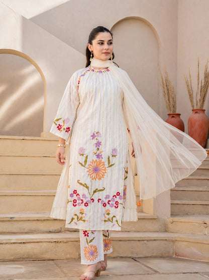 White Floral Embroidered Cotton Kurta Set with Net Dupatta