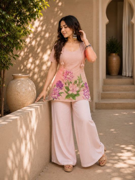 Blush Pink Floral Print Cotton Tunic Top for Women