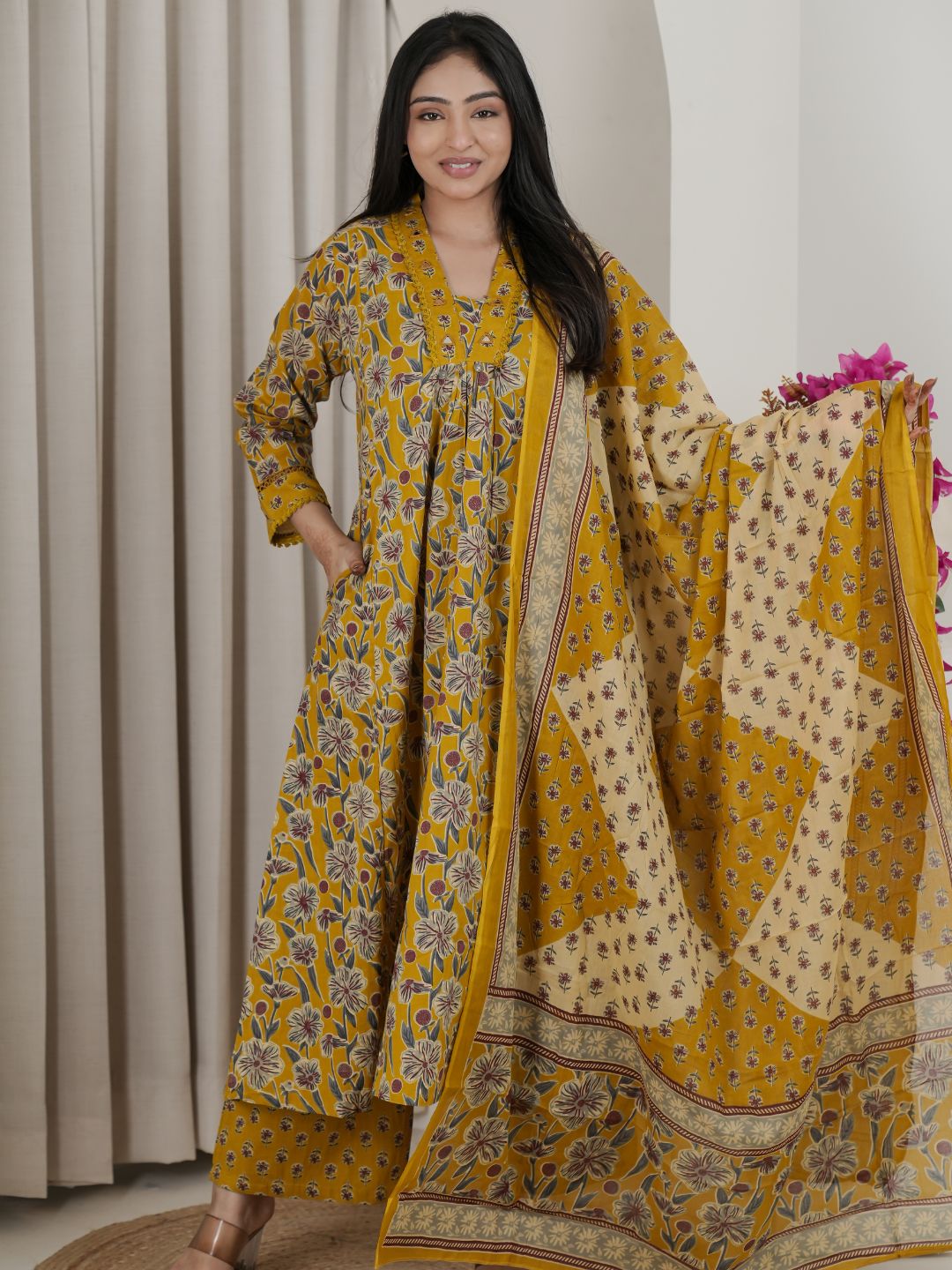 Mustard Yellow Floral Jaipuri Cotton A-Line Kurta Set with Printed Dupatta