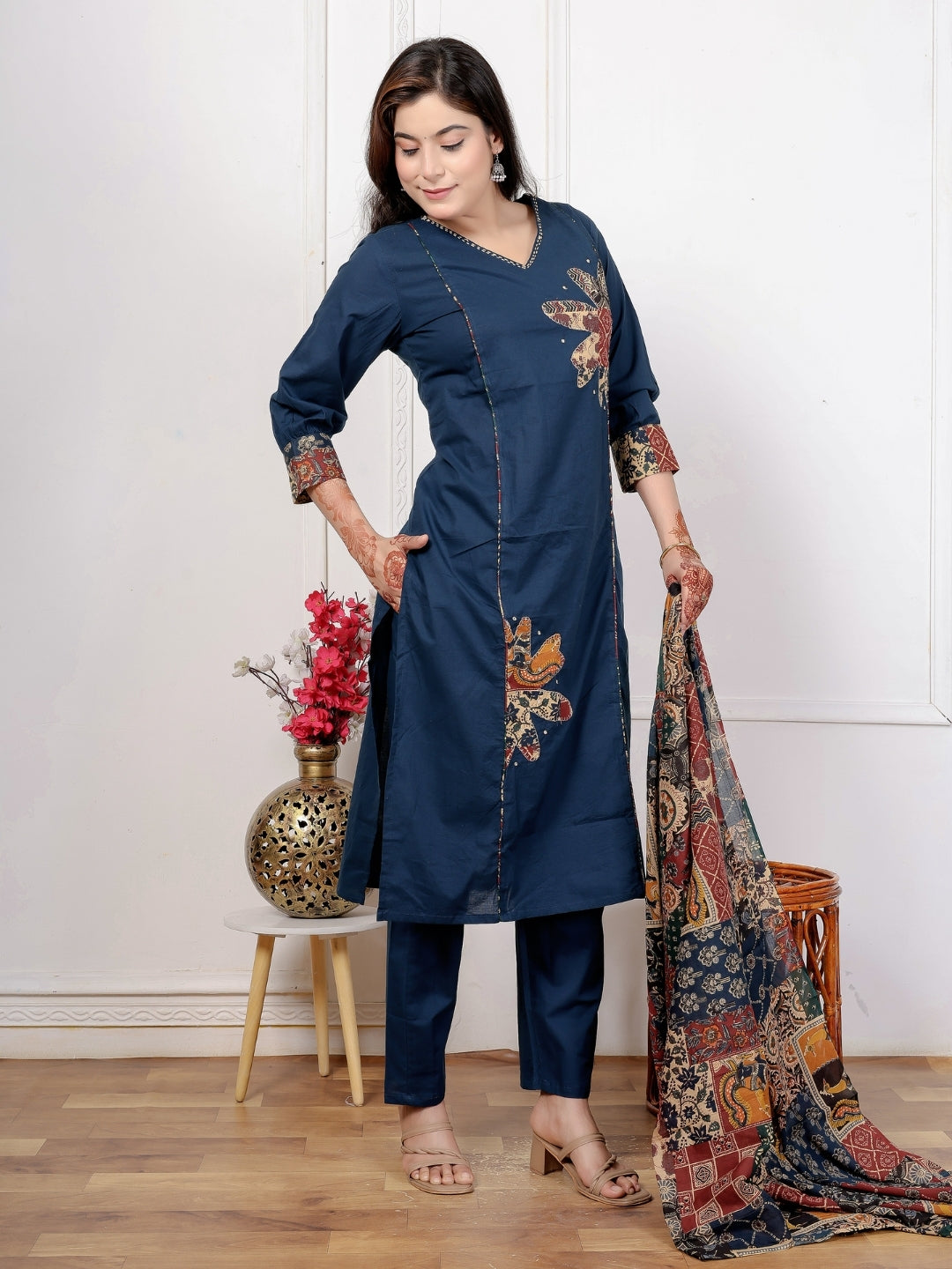Navy Blue Cotton Kurta Set with Patch Handwork and Printed Dupatta – Ethnic Wear