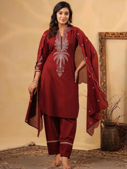 Maroon Pure Cotton Embroidered Kurta Set with Farsi Salwar