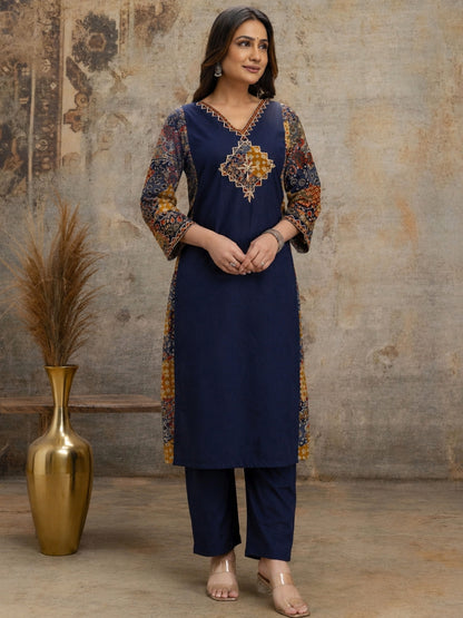 Navy Blue Printed Kurta Palazzo Set with Ethnic Dupatta
