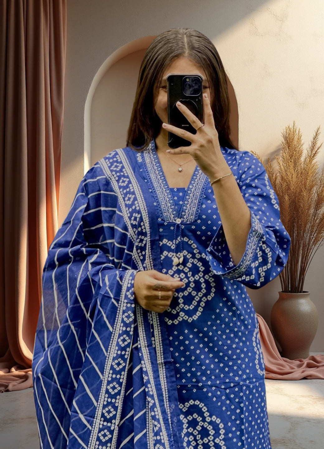 Royal Blue Cotton Bandhej Suit Set with Printed Dupatta – Ethnic Wear
