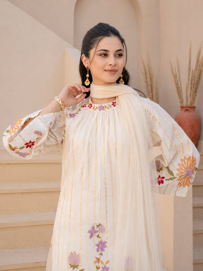 White Floral Embroidered Cotton Kurta Set with Net Dupatta