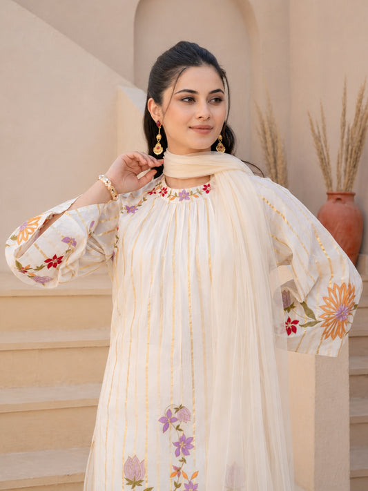 White Floral Embroidered Cotton Kurta Set with Net Dupatta