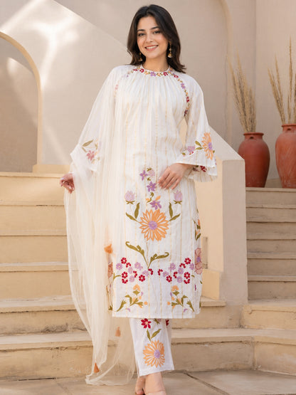 White Floral Embroidered Cotton Kurta Set with Net Dupatta