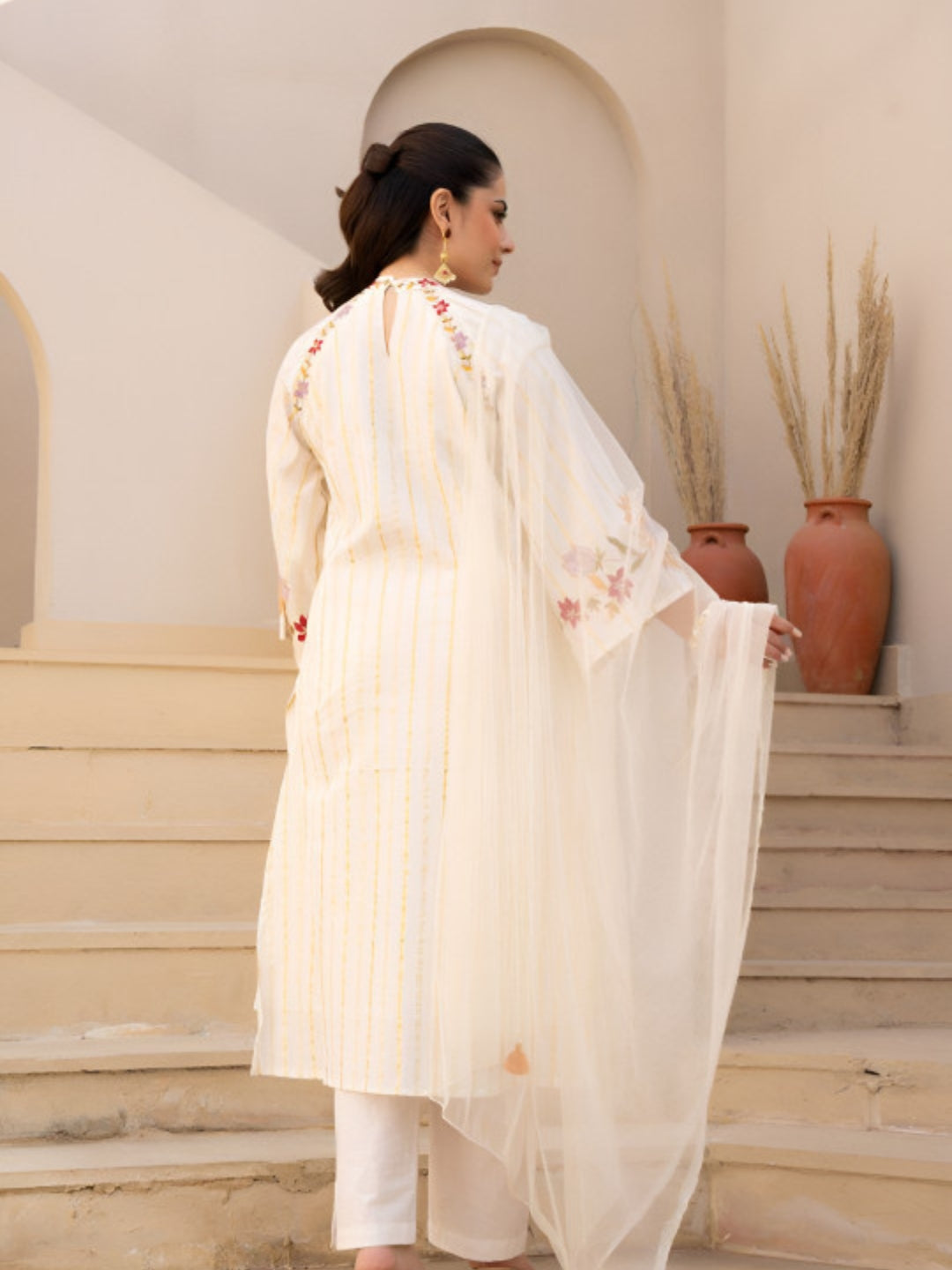 White Floral Embroidered Cotton Kurta Set with Net Dupatta