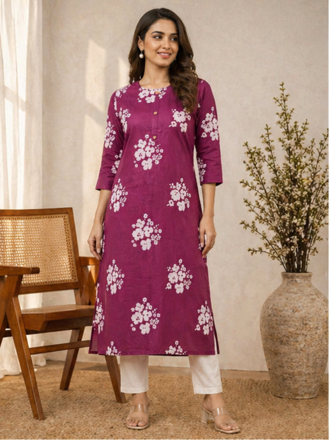 Magenta Floral Printed Cotton Kurti
