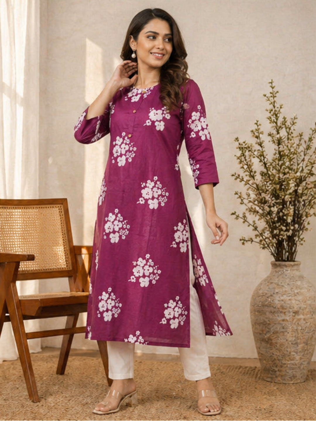 Magenta Floral Printed Cotton Kurti