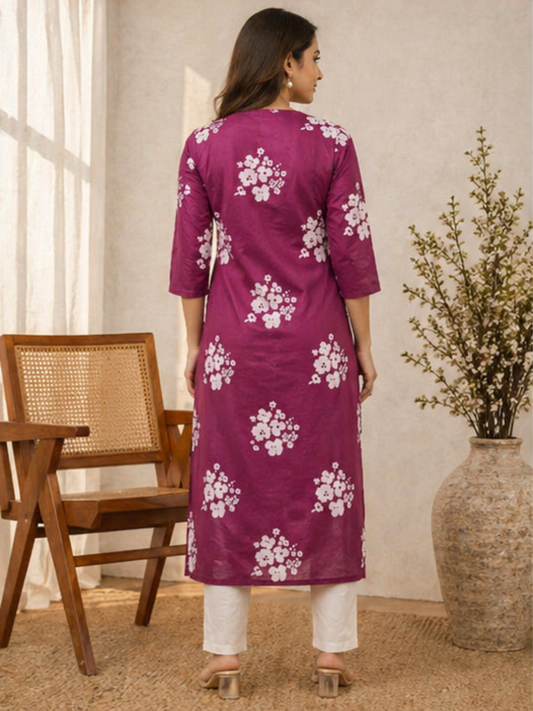 Magenta Floral Printed Cotton Kurti