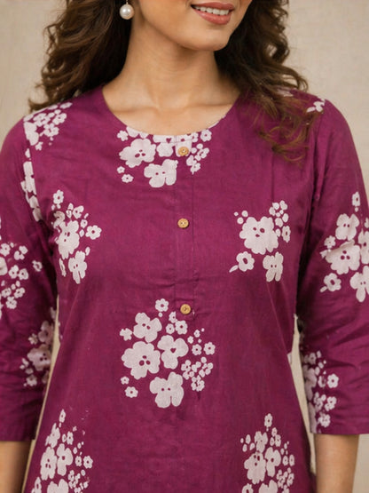 Magenta Floral Printed Cotton Kurti