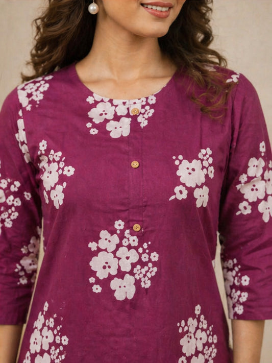 Magenta Floral Printed Cotton Kurti