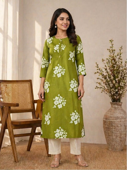 Elegant Green Cotton Kurti with White Floral Print