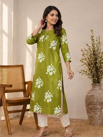 Elegant Green Cotton Kurti with White Floral Print