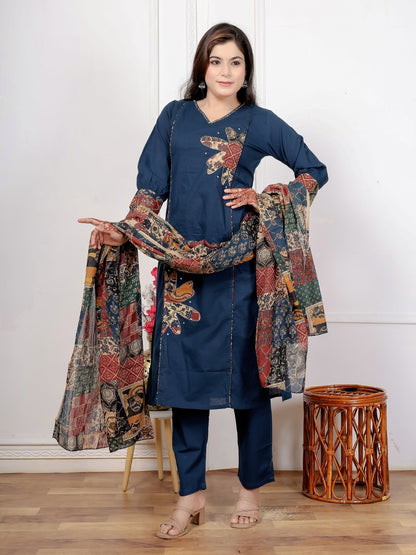 Navy Blue Cotton Kurta Set with Patch Handwork and Printed Dupatta – Ethnic Wear