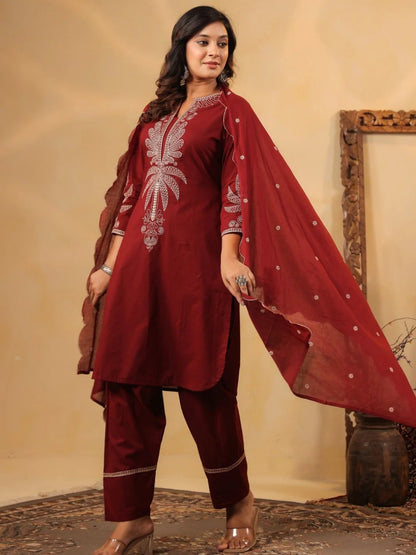 Maroon Pure Cotton Embroidered Kurta Set with Farsi Salwar